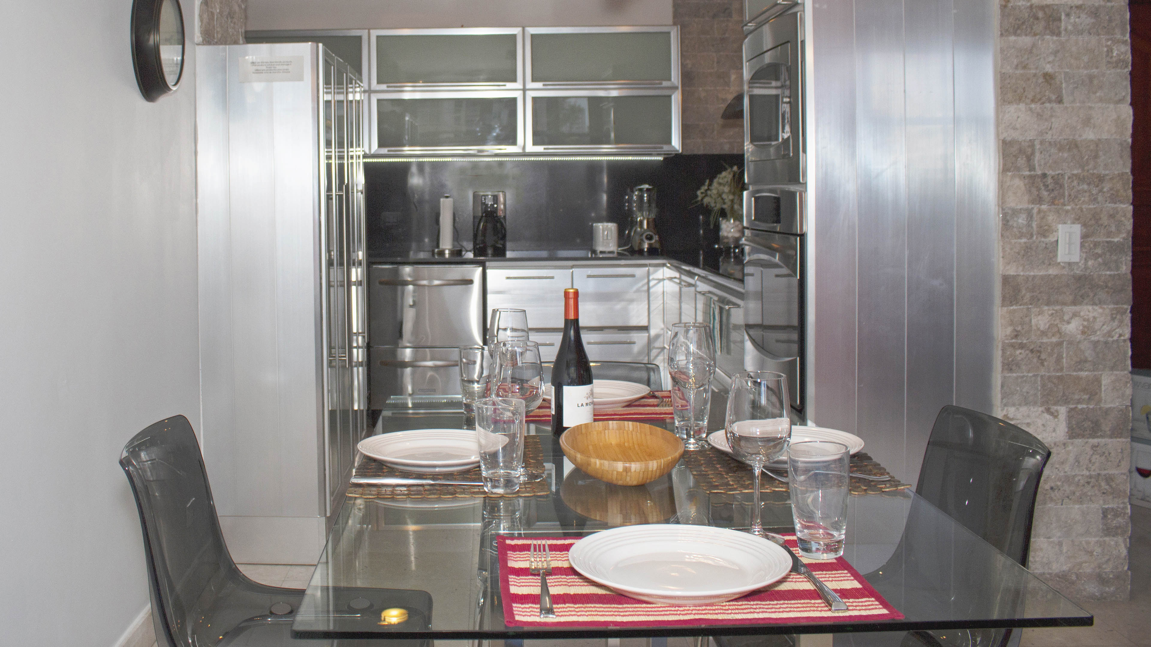 View from the dining room to the kitchen.